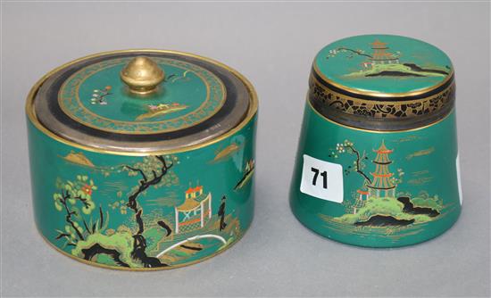 Two Carlton Ware silver mounted Temple pattern emerald green jars and covers, retailers mark GB & Sons